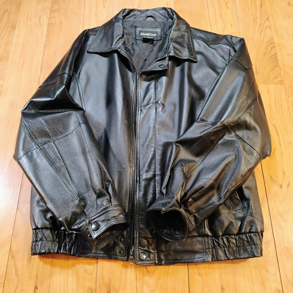 North Crest Men's Large Black Leather Jacket Full Zip Y2K Moto Biker Pockets